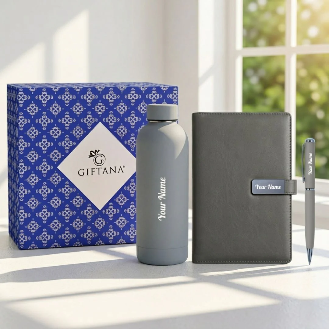 Personalized Corporate Gifting with Rubber bottle, diary and pen